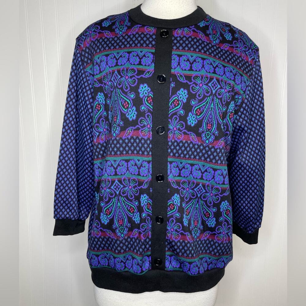 Vintage 80s/90s Blue Purple Black Ornate Paisley Cardigan Sweater Women's Medium